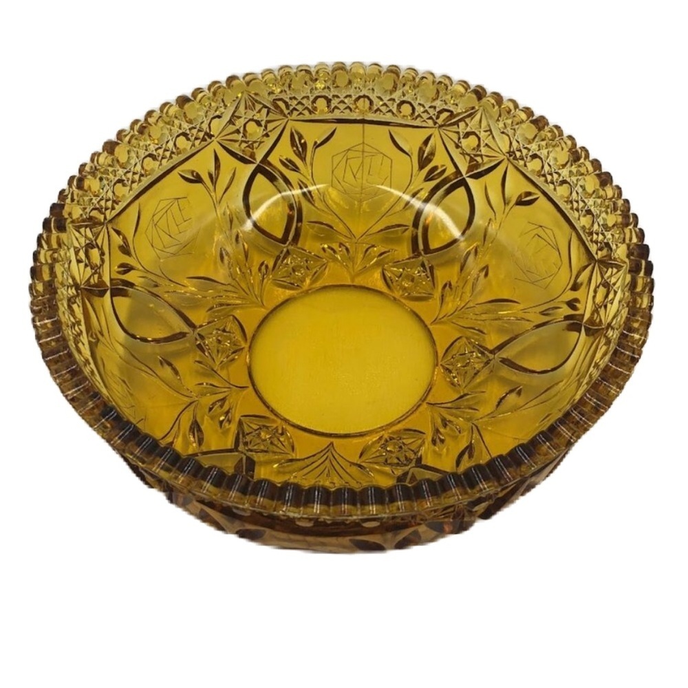 Vintage Amber Yellow Gold Glass Centerpiece Ornate Decorative Bowl Scalloped Rim